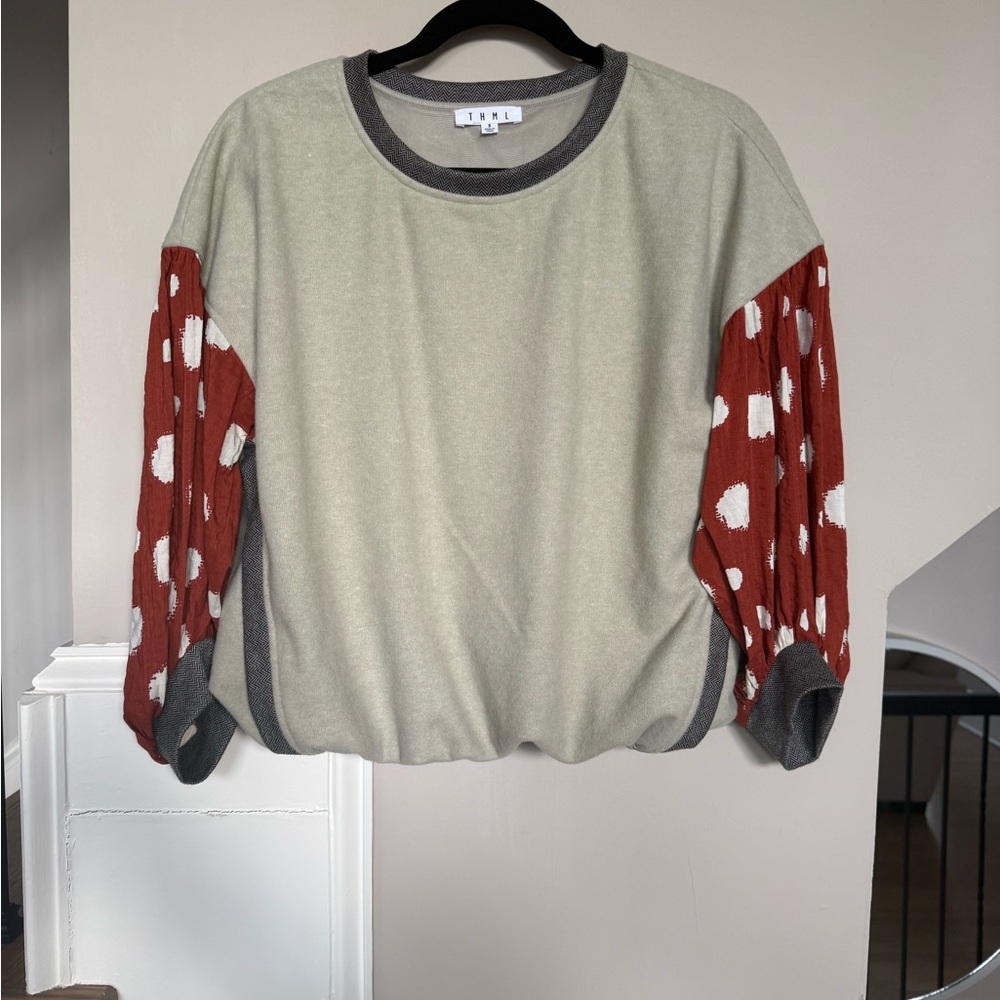 THML Sage Green Rust Spotted Balloon Sleeve Top Sz S